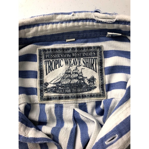 PUSSERS WEST INDIES Button Down Tropic Weave Shirt Stripe Blue White Size L - Picture 3 of 6